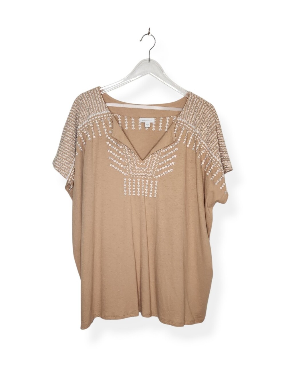 Pure Jill Elements Short Sleeve Tan and White Embroidered Top Shirt Plus Size 3X